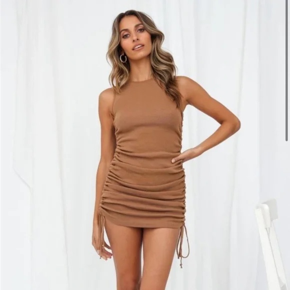 Lioness Tan Ruched Mini Dress